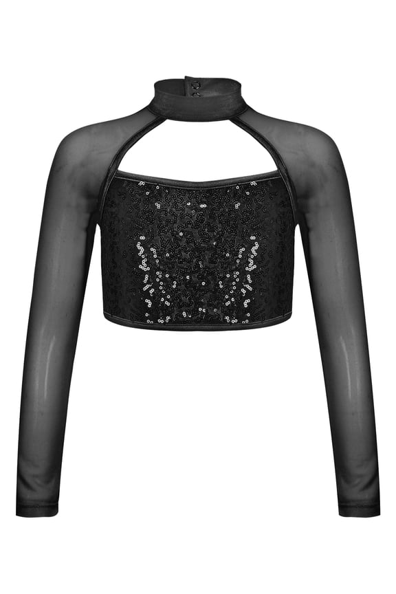 Girls Shiny Sequins Crop Top Mesh Long Sleeve Hollow Back Ballet Modern Dance Tops Shirt Dancewear