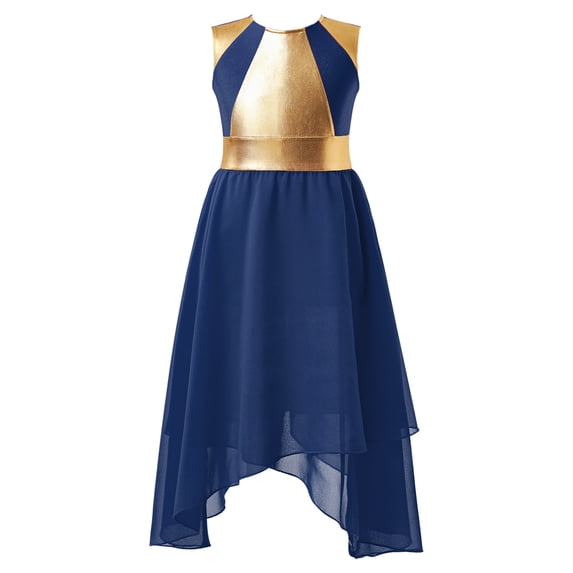 YEAHDOR Girls Sleeveless Asymmetrical Dance Dress Shiny High Waist Contemporary Dance Costume Navy Blue 8