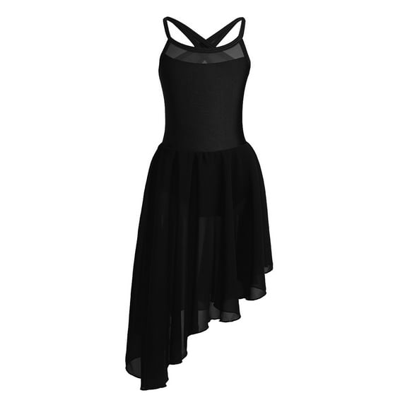 YEAHDOR Girls Spaghetti Chiffon Ballet Dance Dress Gymnastics Leotard Overlay Lyrical Ballerina Costume Black-A XL