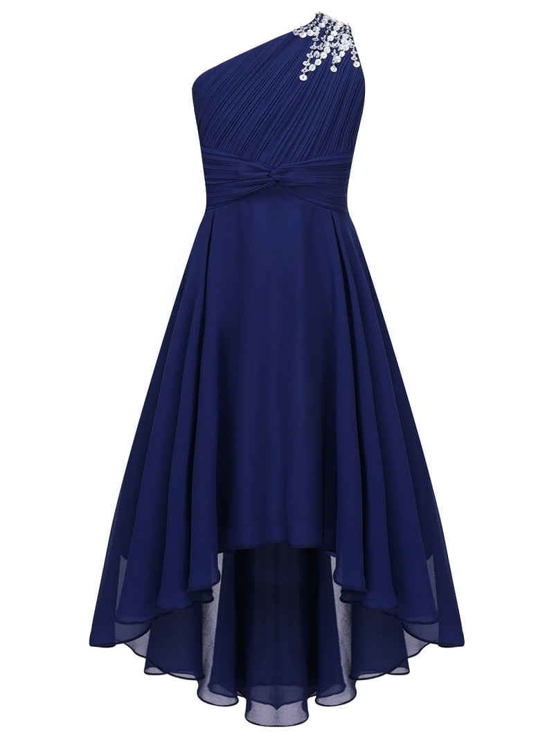 Yeahdor Girls One Shoulder Chiffon Dress, Formal Party Gown, Navy