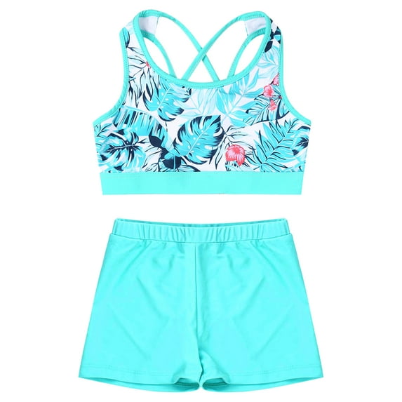 YEAHDOR Girls Tankinis Swimsuit Allover Floral Print Swim Tops with Shorts 2 Piece Set Beach Wear Leaf&Light Green 14