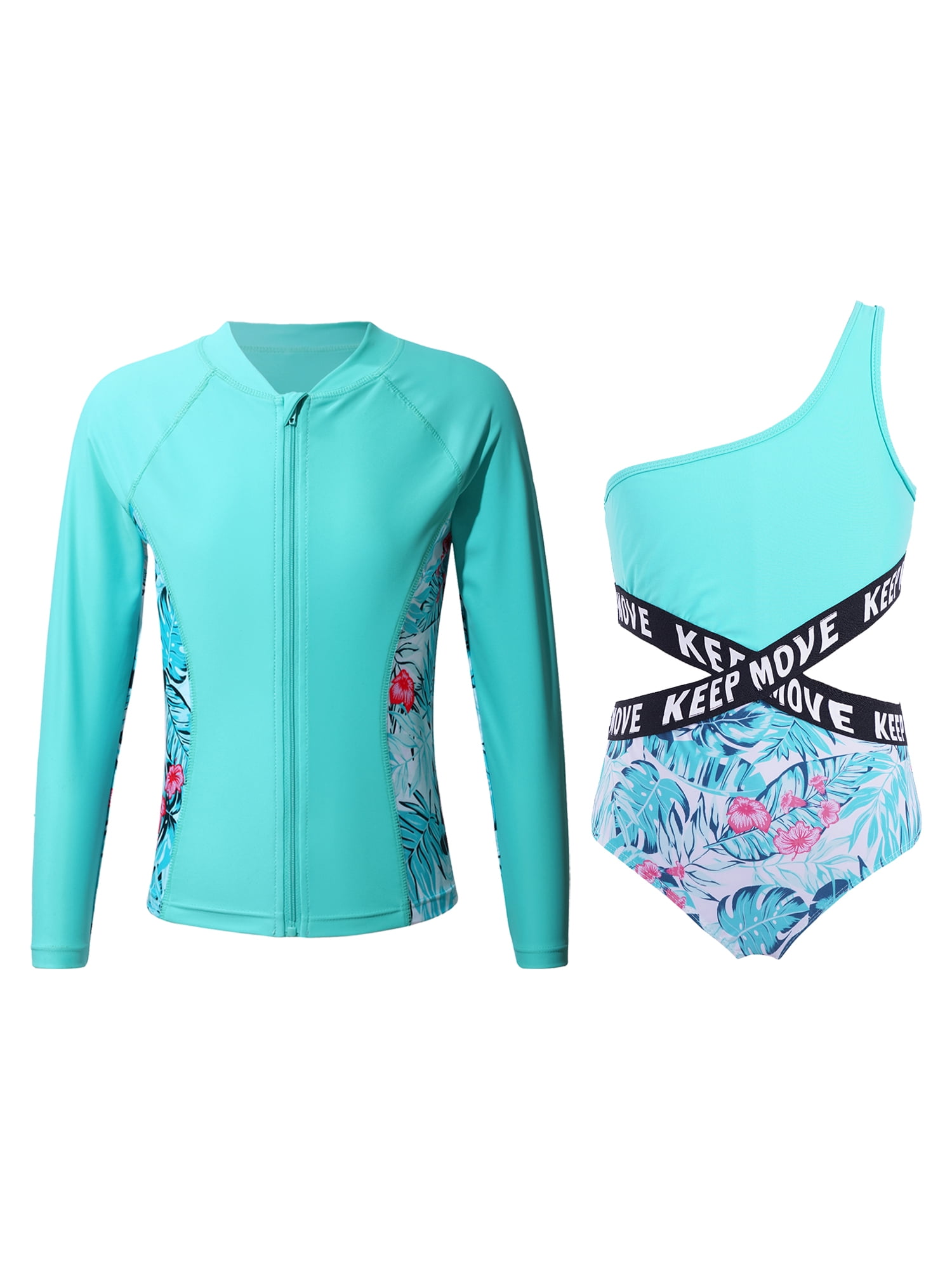 DJskiyers Girls Swimsuit Rashguard Swimwear Graphic One Piece Bathing Suit Sun Protection Swim Suits With Zipper
