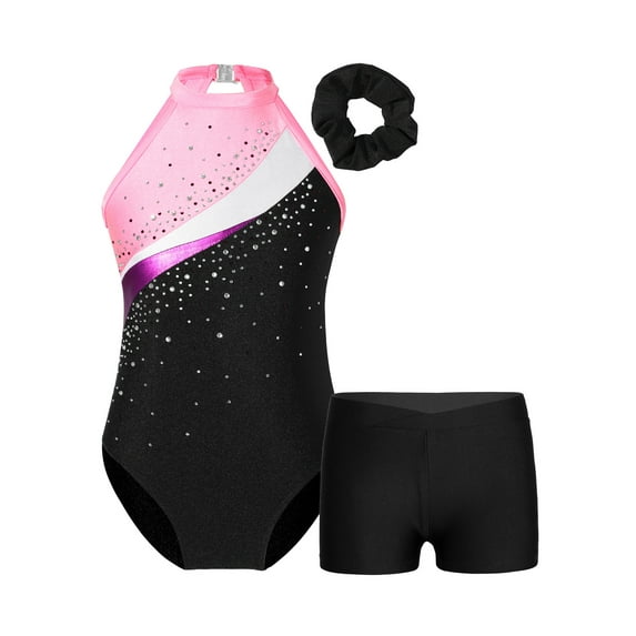 YEAHDOR Gymnastics Leotard for Girls Sparkly Dance Unitard Biketard Activewear for Girls Black&Pink 12