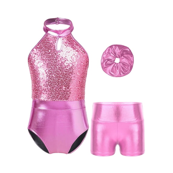 YEAHDOR Gymnastics Leotard for Girls Sparkly Dance Unitard Biketard Activewear for Girls Light Pink 14