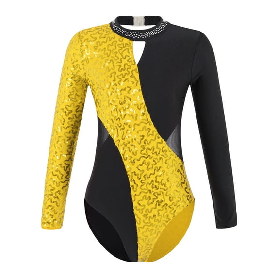 YEAHDOR Kid Girls Gymnastic Leotard Long Sleeve Sparkly Sequins Ballet Dance One Piece Outfit