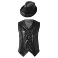 thumbnail image 1 of YEAHDOR Kids Boys Button Down Shiny Sequins Vest with Hat for Jazz Hip Hop Dance Performance Black 17-18, 1 of 7