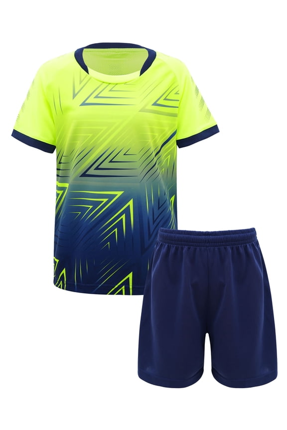 Kids Boys Football Team Uniform Short Sleeve T-shirt and Shorts Set Sports Outfit Fluorescent Green 7-8