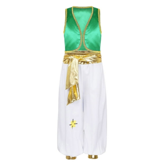 YEAHDOR Kids Boys Halloween Arabian Prince Cosplay Costume Outfit Carnival Theme Party Dress Up Vest with Pants Belt Set Green 12