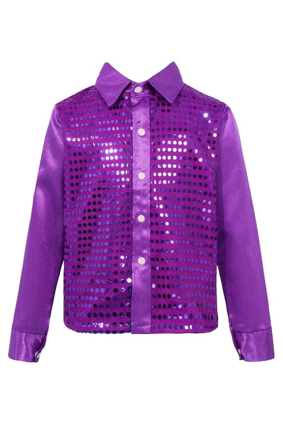 Kids Boys Sparkly Sequins Lapel Collar Shirt Long Sleeve Tops for Jazz Latin Dance Performance Purple 150