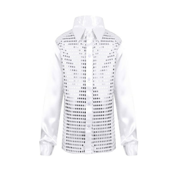 YEAHDOR Kids Boys Sparkly Sequins Lapel Collar Shirt Long Sleeve Tops for Jazz Latin Dance Performance White 10-12