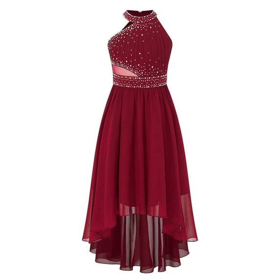 YEAHDOR Kids Flower Girl Dress Shiny Rhinestone Banquet Formal Party Dresses Ruched Bodice High-Low Princess Gown Burgundy 8