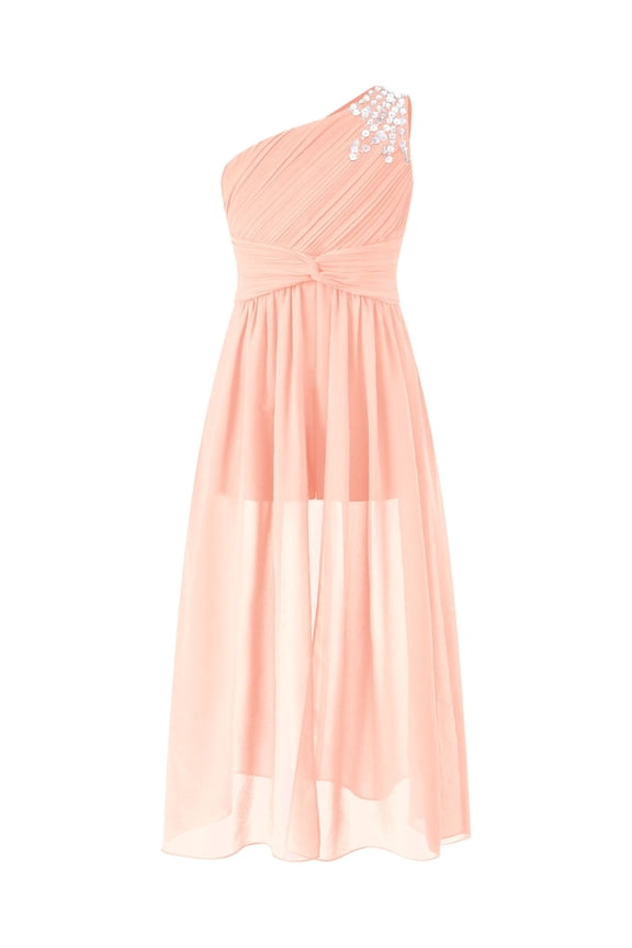 Kids Flower Girls Party Dress One Shoulder Rhinestone Romper Wedding Banquet Party Maxi Ball Gown Pink 14