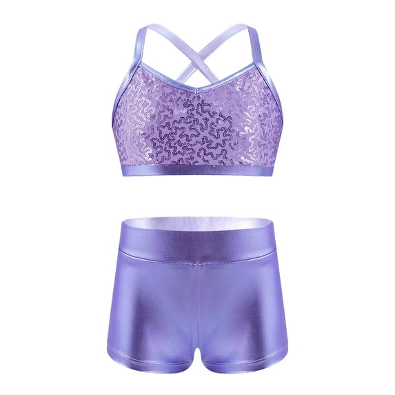 YEAHDOR Kids Girls 2 Piece Ballet Active Outfit Shiny Dance Gymnastics Tank Top with Booty Shorts