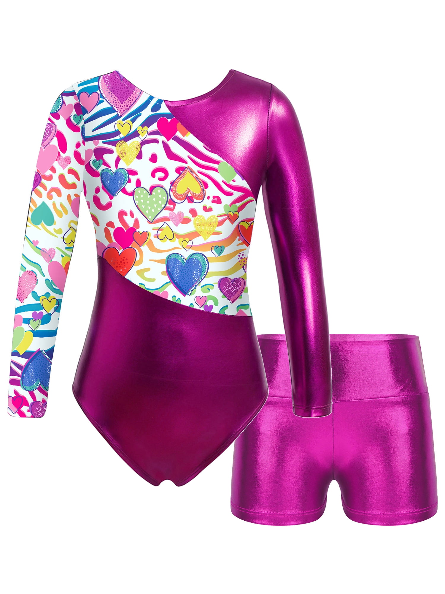 YEAHDOR Kids Girls 2 Piece Dance Gymnastics Outfit Suit Metallic