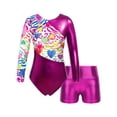 thumbnail image 1 of YEAHDOR Kids Girls 2 Piece Dance Gymnastics Outfit Suit Metallic Leotard with Athletic Shorts Rose 8, 1 of 7