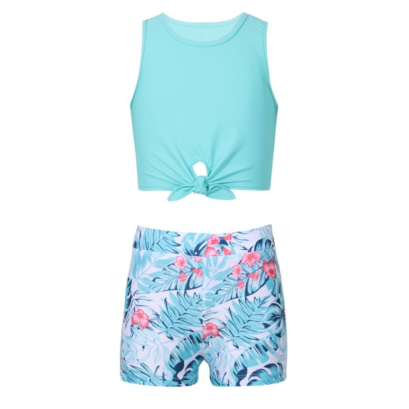 YEAHDOR Kids Girls 2-Piece Sports Dance Outfit Crop Top with Booty Shorts Gym Suit Running Cycling Sportswear Green Palm Leaf 10