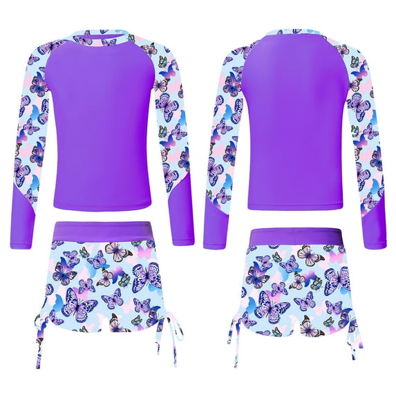 YEAHDOR Kids Girls 2 Pieces Swimsuit Rashguard Long Sleeve Swimming Shirt Tops with Side Drawstring Shorts A Purple 6