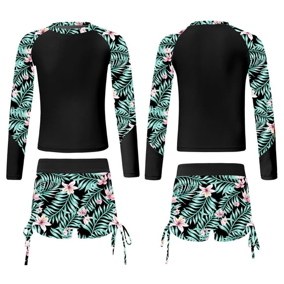 YEAHDOR Kids Girls 2 Pieces Swimsuit Rashguard Long Sleeve Swimming Shirt Tops with Side Drawstring Shorts Black 10