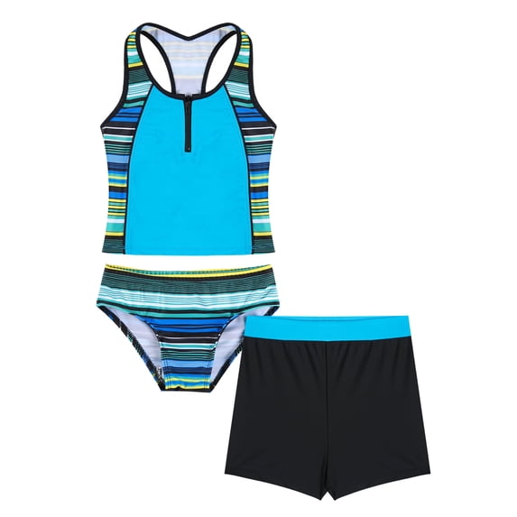 YEAHDOR Kids Girls 3Pcs Swimsuit Stripped Front Zipper Tank Top with Briefs and Shorts Bathing Suit Green 14