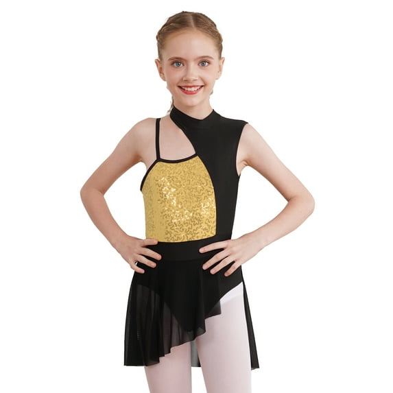 YEAHDOR Kids Girls Asymmetrical Shoulder Ballet Contemporary Dance Dress Shiny Sequins Contrast Color Dancewear Gold 12