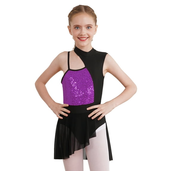 YEAHDOR Kids Girls Asymmetrical Shoulder Ballet Contemporary Dance Dress Shiny Sequins Contrast Color Dancewear Purple 8