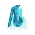 thumbnail image 1 of YEAHDOR Kids Girls Asymmetrical Shoulder Ballet Leotard Sparkly Sequins Long Sleeve Tulle Ballet Tutus Dance Competition Leotard A Blue Green 6, 1 of 5