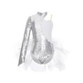 thumbnail image 1 of YEAHDOR Kids Girls Asymmetrical Shoulder Ballet Leotard Sparkly Sequins Long Sleeve Tulle Ballet Tutus Dance Competition Leotard Silver 12, 1 of 5