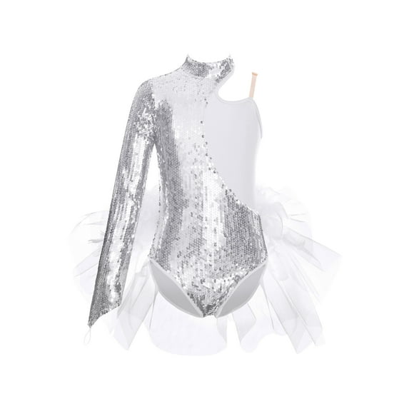 YEAHDOR Kids Girls Asymmetrical Shoulder Ballet Leotard Sparkly Sequins Long Sleeve Tulle Ballet Tutus Dance Competition Leotard Silver 8