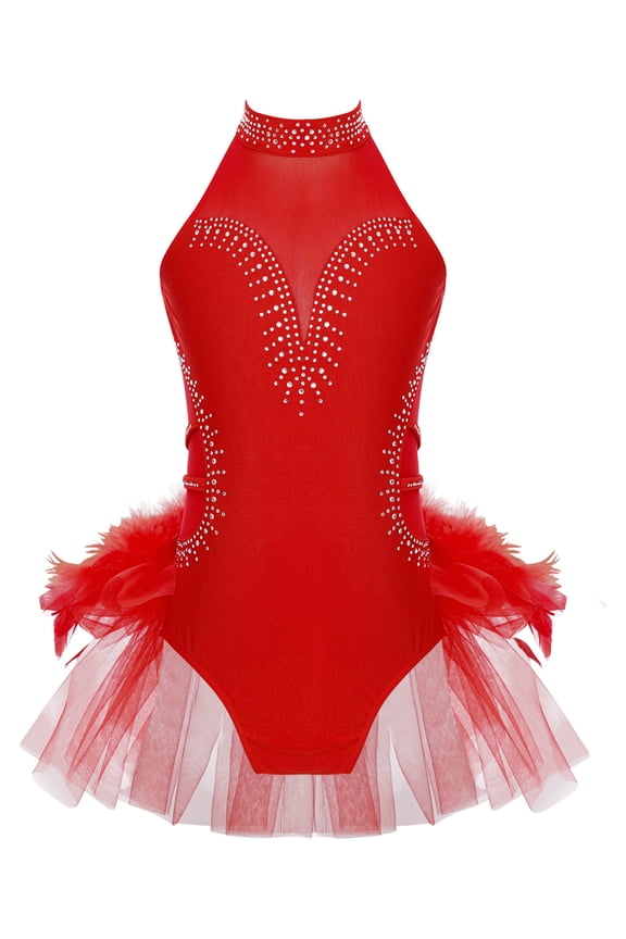 Kids Girls Ballerina Tutus Latin Jazz Dance Skirted Leotard Tiered Tulle Ruffles Performance Leotard Red 16