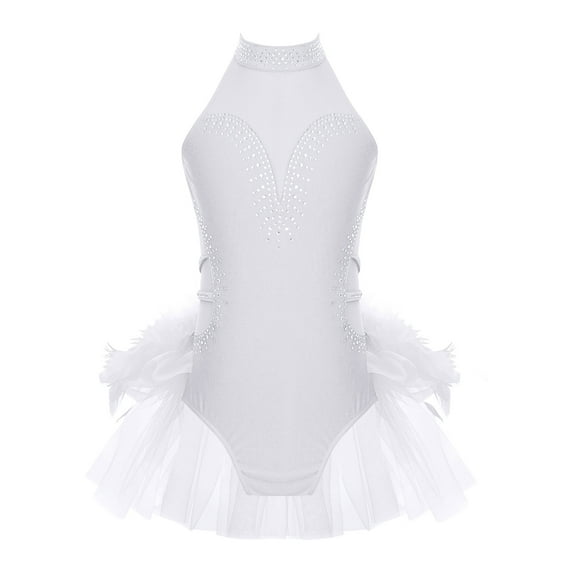 YEAHDOR Kids Girls Ballerina Tutus Latin Jazz Dance Skirted Leotard Tiered Tulle Ruffles Performance Leotard White 8