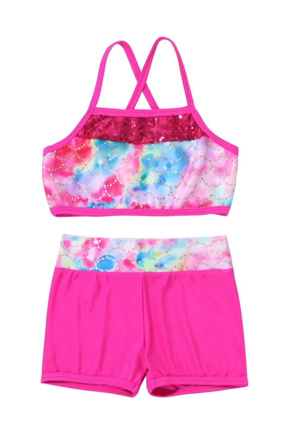 Kids Girls Ballet Dance Costume Sequins Fish Scales Printed Sports Outfit Jogger Set Gym Active Set Colorful Fish Scales 10