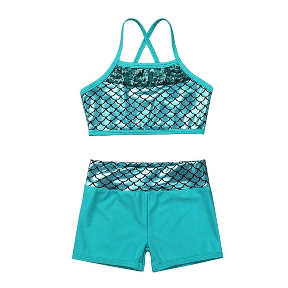 YEAHDOR Kids Girls Ballet Dance Costume Sequins Fish Scales Printed Sports Outfit Jogger Set Gym Active Set Lake Blue 12