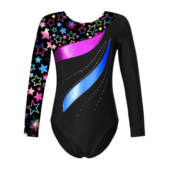 YEAHDOR Kids Girls Ballet Dance Gymnastic Leotard Long Sleeve Printed Jersey Bodysuit for Skating Dance Performance A Star Black 8
