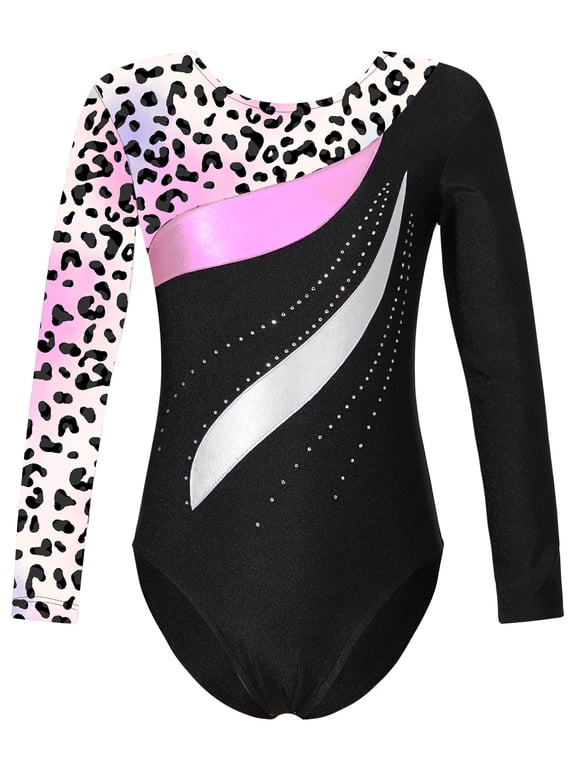 YEAHDOR Kids Girls Ballet Dance Gymnastic Leotard Long Sleeve Printed Jersey Bodysuit for Skating Dance Performance Leopard Colorful 4