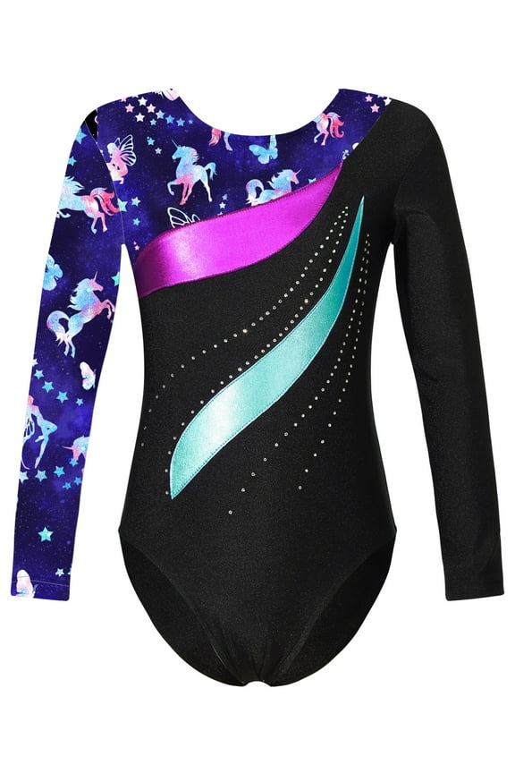 Kids Girls Ballet Dance Gymnastic Leotard Long Sleeve Printed Jersey Bodysuit for Skating Dance Performance Navy Blue 12