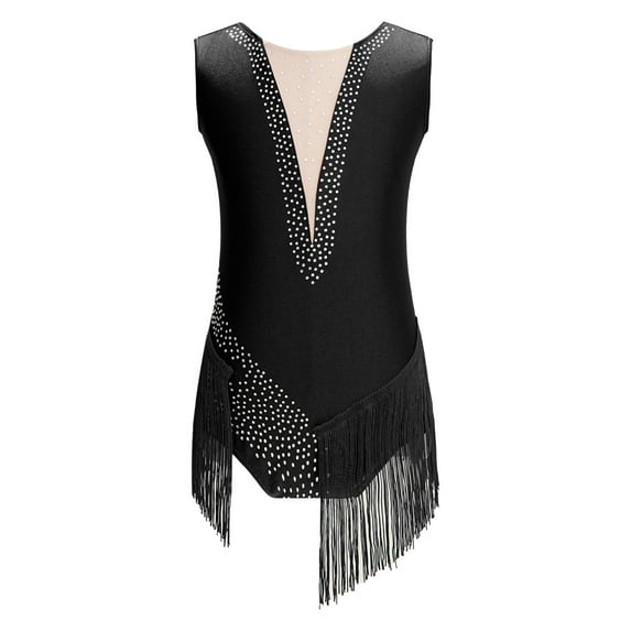 YEAHDOR Kids Girls Ballet Dance Leotard Sleeveless Tassels Bodysuit Rhythmic Gymnastics Performance Leotard Black 12