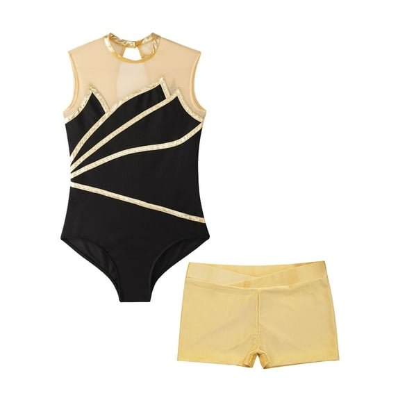 YEAHDOR Kids Girls Ballet Dance Unitard with Shorts Outfit Yoga Ice Skating Dancewear Gymnastics Training Sports Wear Gold 6
