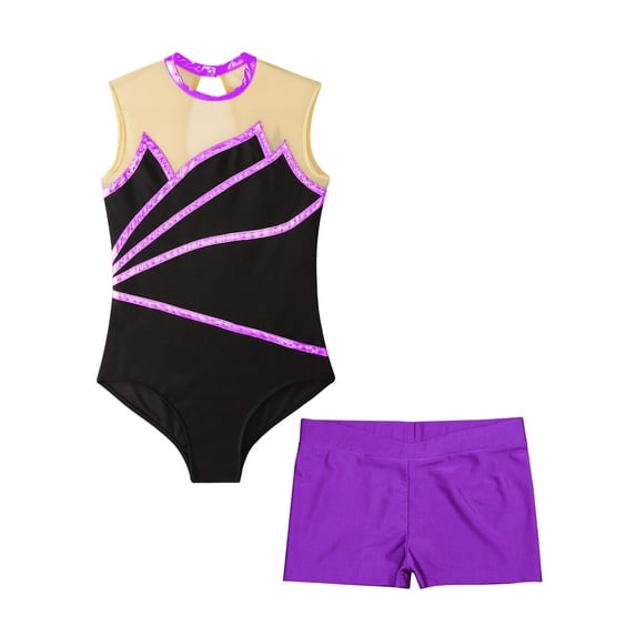 YEAHDOR Kids Girls Ballet Dance Unitard with Shorts Outfit Yoga Ice Skating Dancewear Gymnastics Training Sports Wear Purple 14