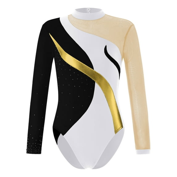 YEAHDOR Kids Girls Ballet Leotard Long Sleeve Rhinestones Figure Skating Performance Bodysuit Dancewear Black&Gold 4