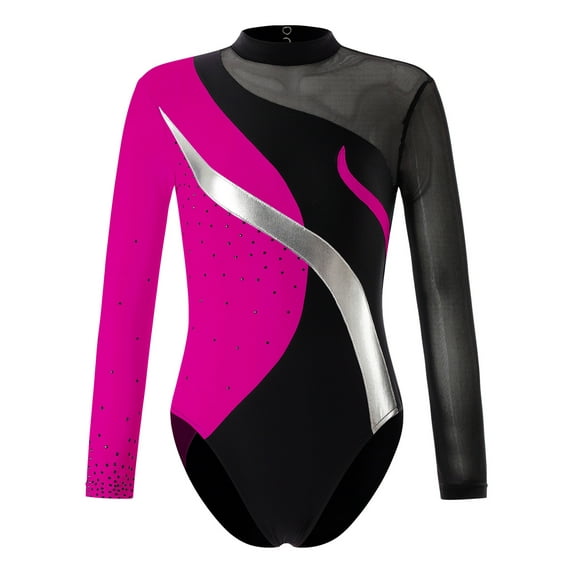 YEAHDOR Kids Girls Ballet Leotard Long Sleeve Rhinestones Figure Skating Performance Bodysuit Dancewear Hot Pink 4