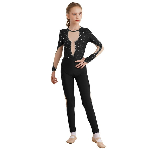 YEAHDOR Kids Girls Ballet Skating Long Jumpsuit Unitard Long Sleeve Mesh Patchwork Acrobatics Gymnastics Leotard Black 16