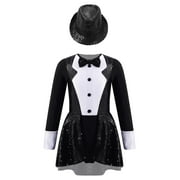 YEAHDOR Kids Girls Bow Tie Tuxedo Gymnastic Leotard Shiny Sequins Jazz Latin Dance Costume Black-B 12