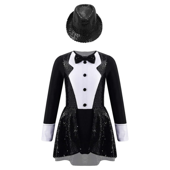 YEAHDOR Kids Girls Bow Tie Tuxedo Gymnastic Leotard Shiny Sequins Jazz Latin Dance Costume Black-B 12
