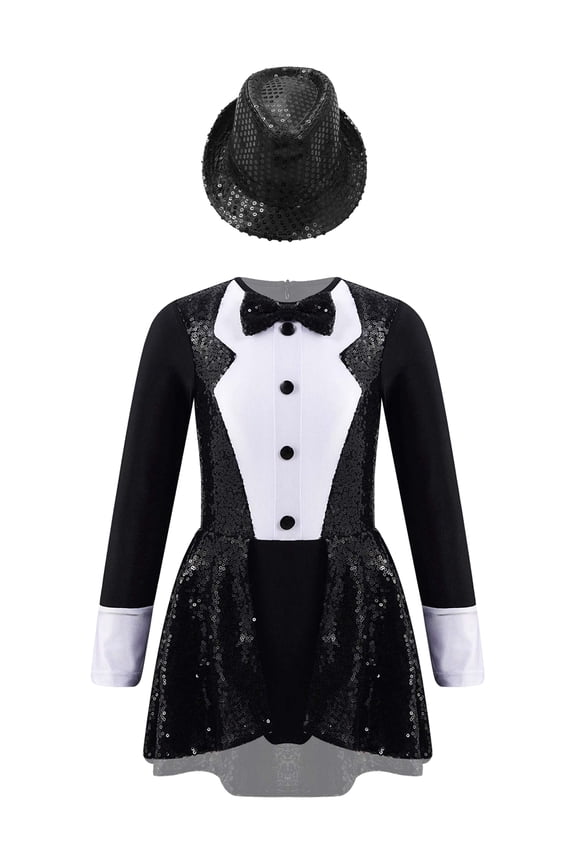 Kids Girls Bow Tie Tuxedo Gymnastic Leotard Shiny Sequins Jazz Latin Dance Costume Black-B 6
