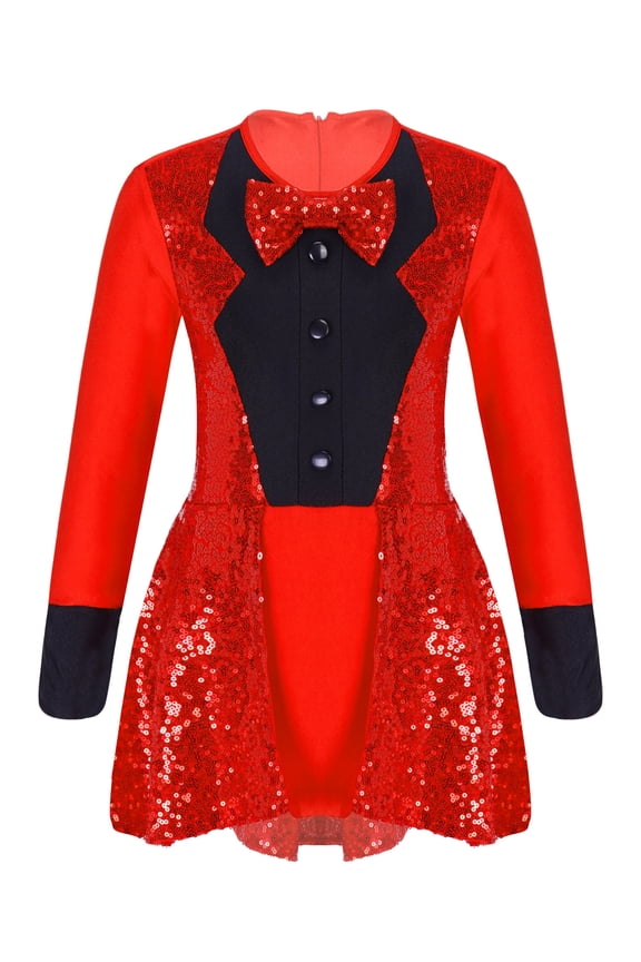 Kids Girls Bow Tie Tuxedo Gymnastic Leotard Shiny Sequins Jazz Latin Dance Costume Red 4