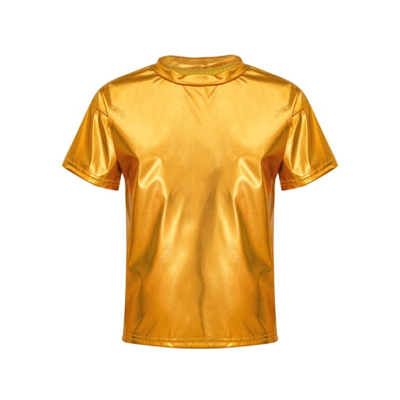 YEAHDOR Kids Girls Boys Dance Tops Shiny Metallic Short Sleeve T-Shirt Hip Hop Street Dance Performance Blouse Gold 13-14