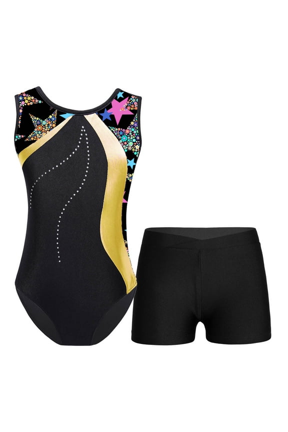 Kids Girls Bronzing Ballet Dance Set Asymmetrical Shoulder Leotard with Metallic Shorts Gymnastics Suit Outfit