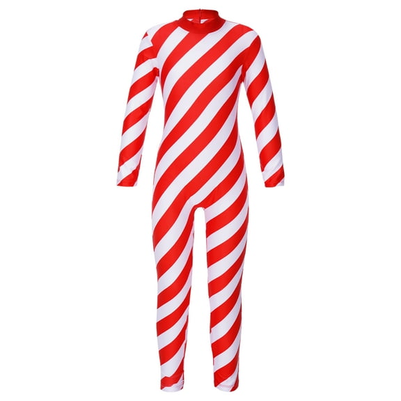 YEAHDOR Kids Girls Candy Cane Christmas Dance Bodysuit Long Sleeve Striped Jumpsuit Long Sleeve Xmas Dancewear Red 14