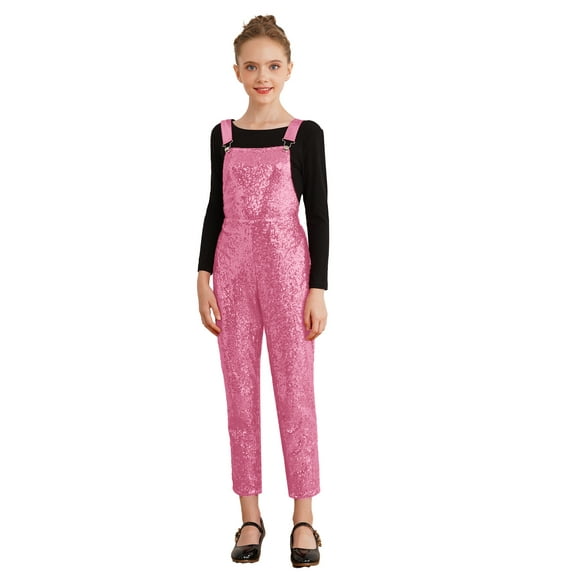 YEAHDOR Kids Girls Casual Metallic Overalls Wide Shoulder Straps Sequins Jumpsuit Romper Carnival Outfit Pink 6