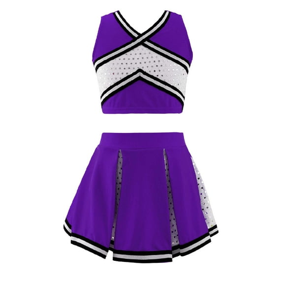 YEAHDOR Kids Girls Cheer Leader Dance Outfit Halloween Carnival Party Cheerleading Uniform Tank Top with Pleated Skirt Set A Purple 14
